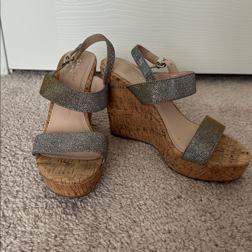 Kurt Geiger Carvela Silver and Beige Cork Sandal Wedge